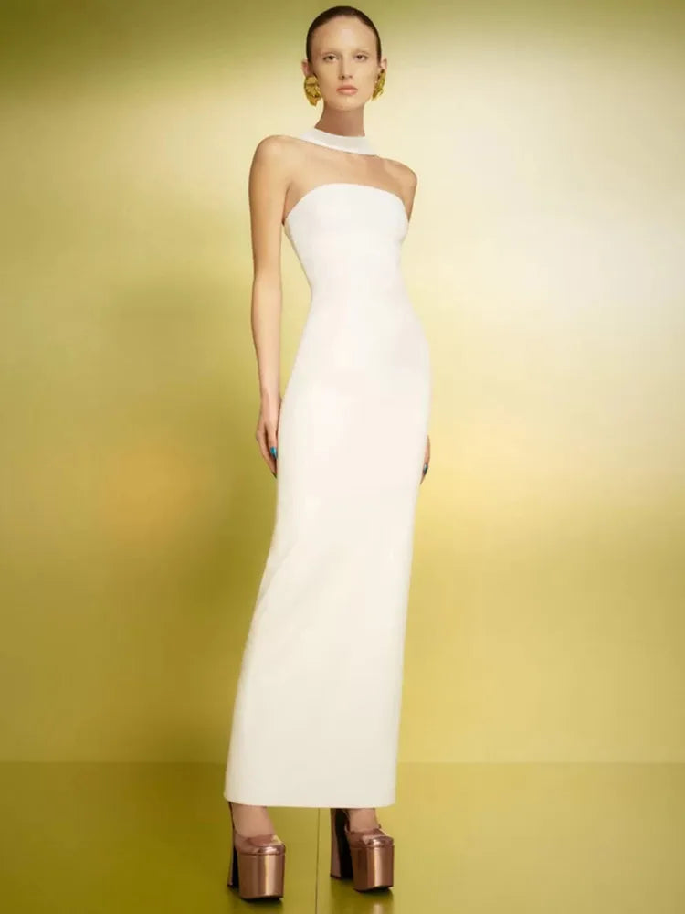 Women Celebrity Sexy Backless Halter Red White Maxi Long Summer Bandage Bodycon Dress 2025 Elegant Evening Club Party Outfit