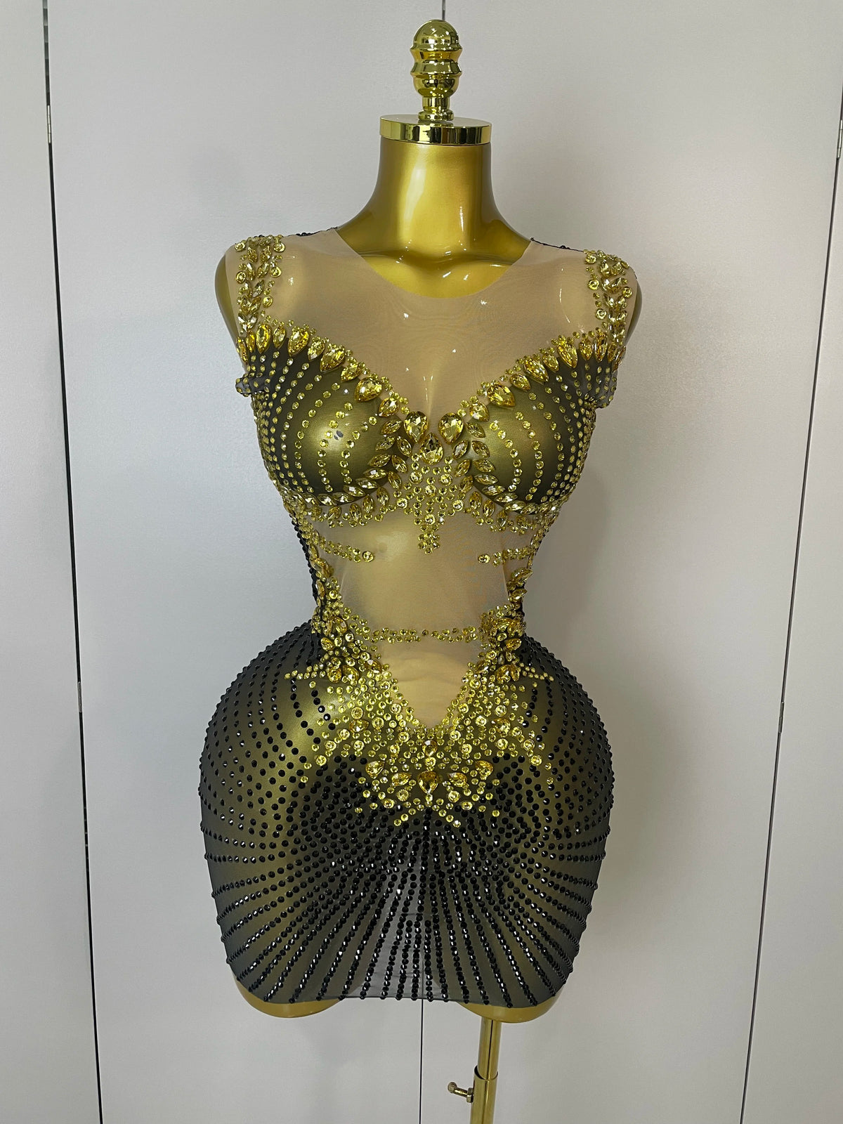 2025 Sparkly Gold Rhinestone Transparent Sleeveless Mini Dress Evening Birthday Celebrate Party Nightclub Performance Costume