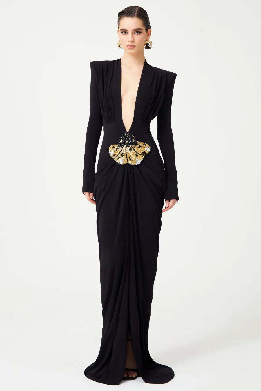 Women Long Sleeve Sexy Deep V-Neck Shinning Beading Bodycon Floor-length Dress Celebrate Evening Party Prom Cocktail Outfit