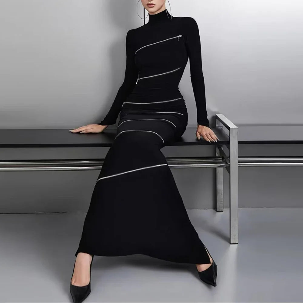 TWOTWINSTYLE Solid Slimming Spliced Zipper Dress for Women Stand Collar Long Sleeve High Waist Dresses Female Temperament Style