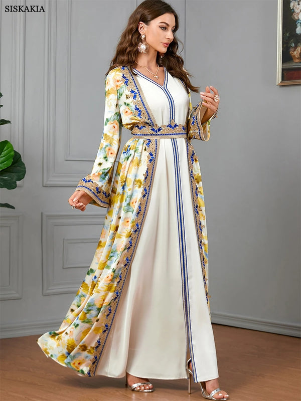 Africano Dress Woman 2 Piece Abaya Set For Dubai Ladies Chic Tape Trim Belted Caftan Marocain Robe Femme Musulmane