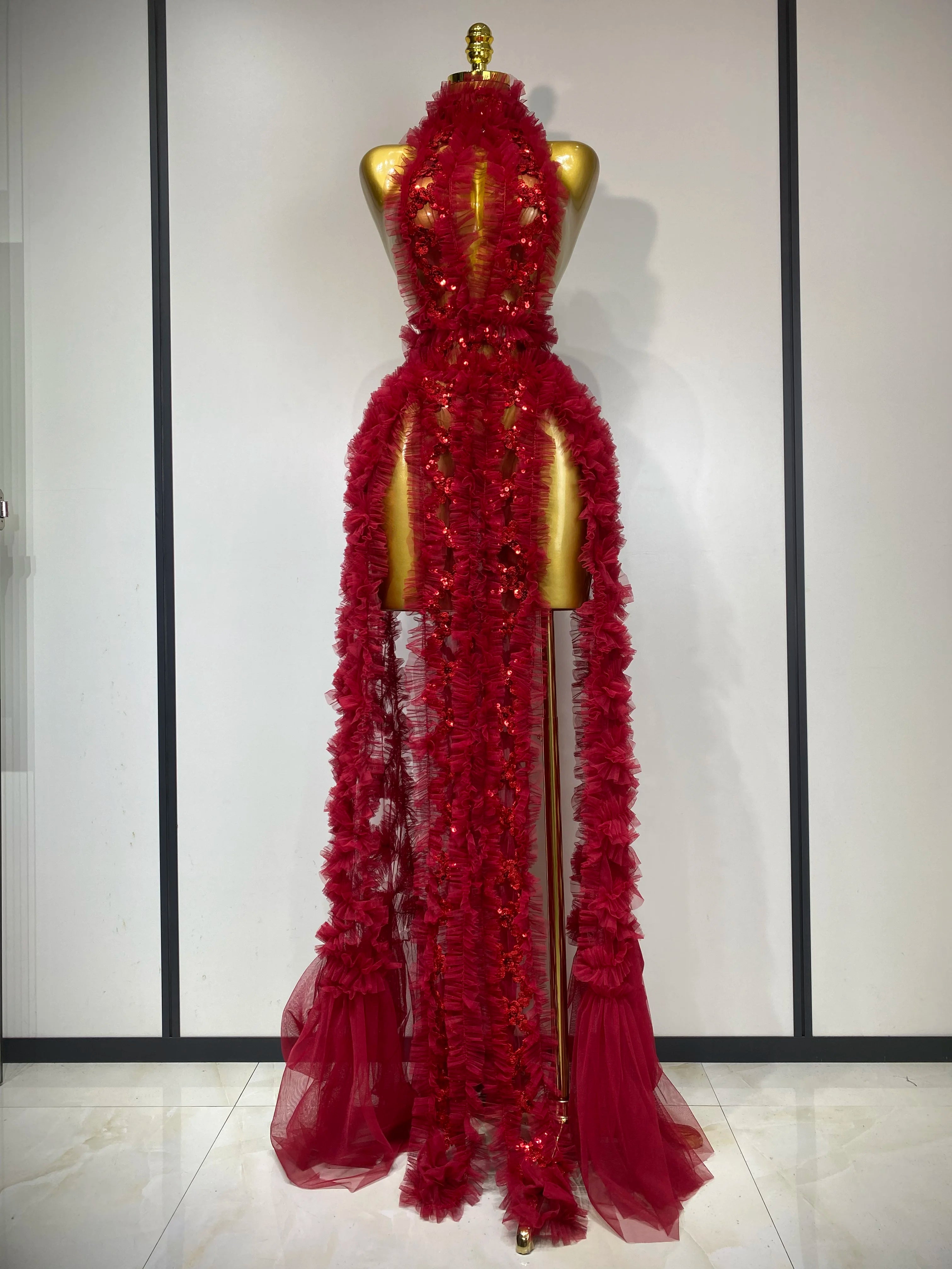 Black Mesh Sequins Sexy  Halter See Through Dress 2025 Evening Party Prom Nightclub Singer Performance Costume Stage Wear