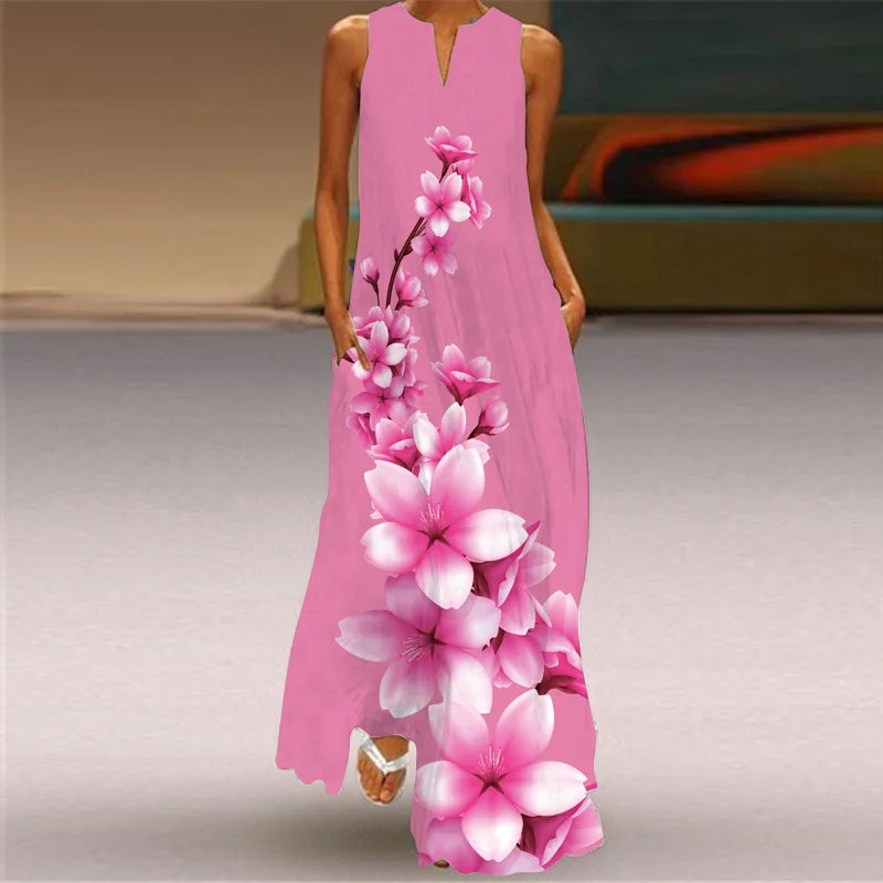 Fashionable Women's Hollow V-neck Maxi Dress Fresh Flower Print Sleeveless Loose Straight Beach Seaside Vacation Long Dress