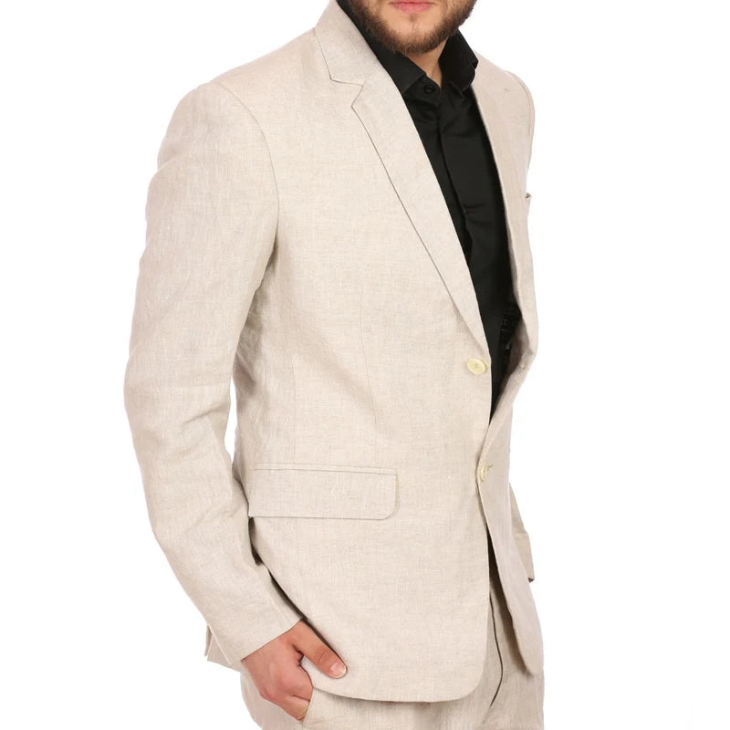 Beige linnen mannen pakken voor prom 2 stuks zomer bruidegom smoking met ingekeed revers aangepaste man modedeksten set blazer met broek