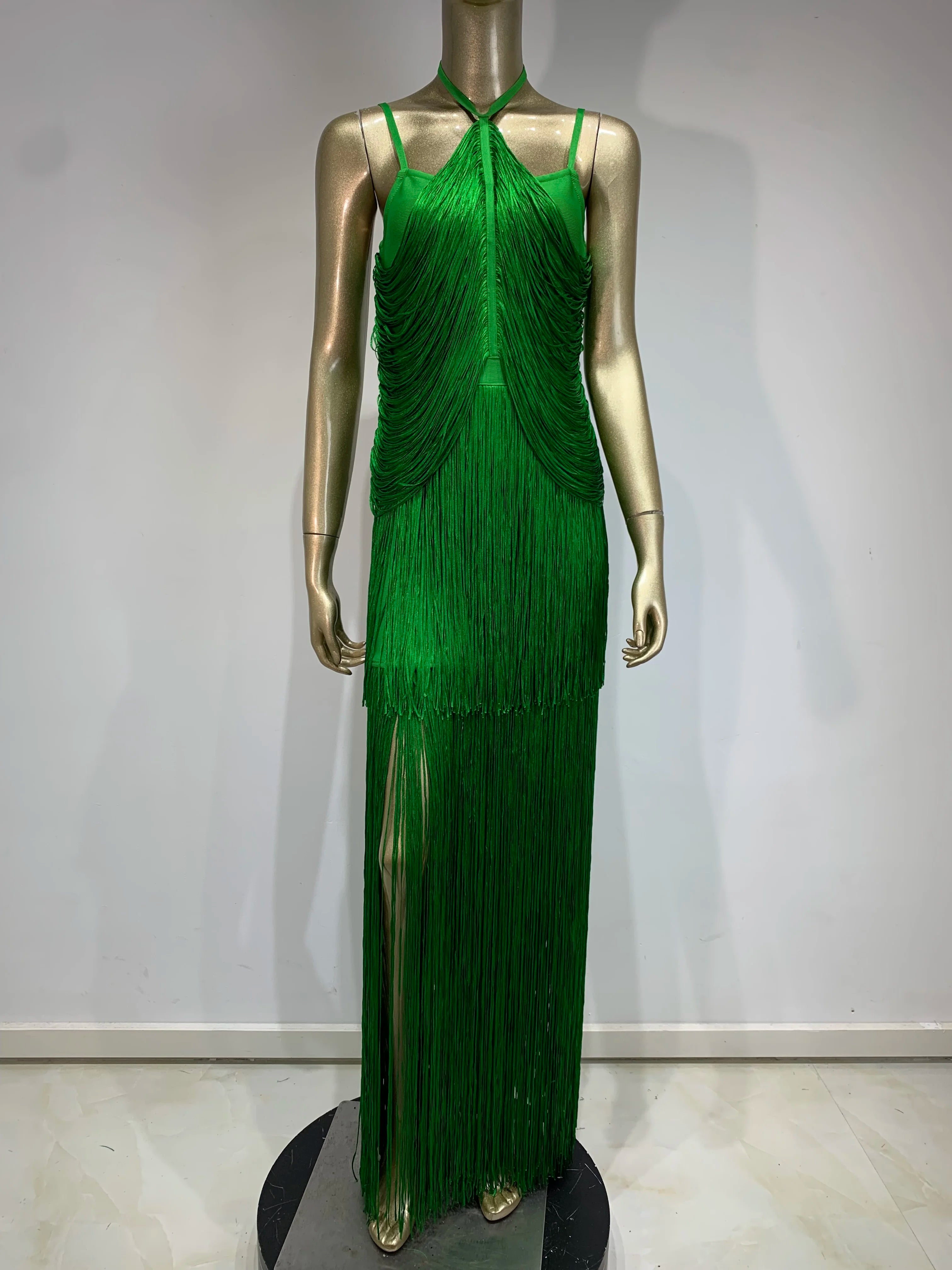 Women Celebrity Luxury Sexy Backless Tassel Green Ankle Length Bodycon Bandage Dress Elegant Evening Club Party Outfit