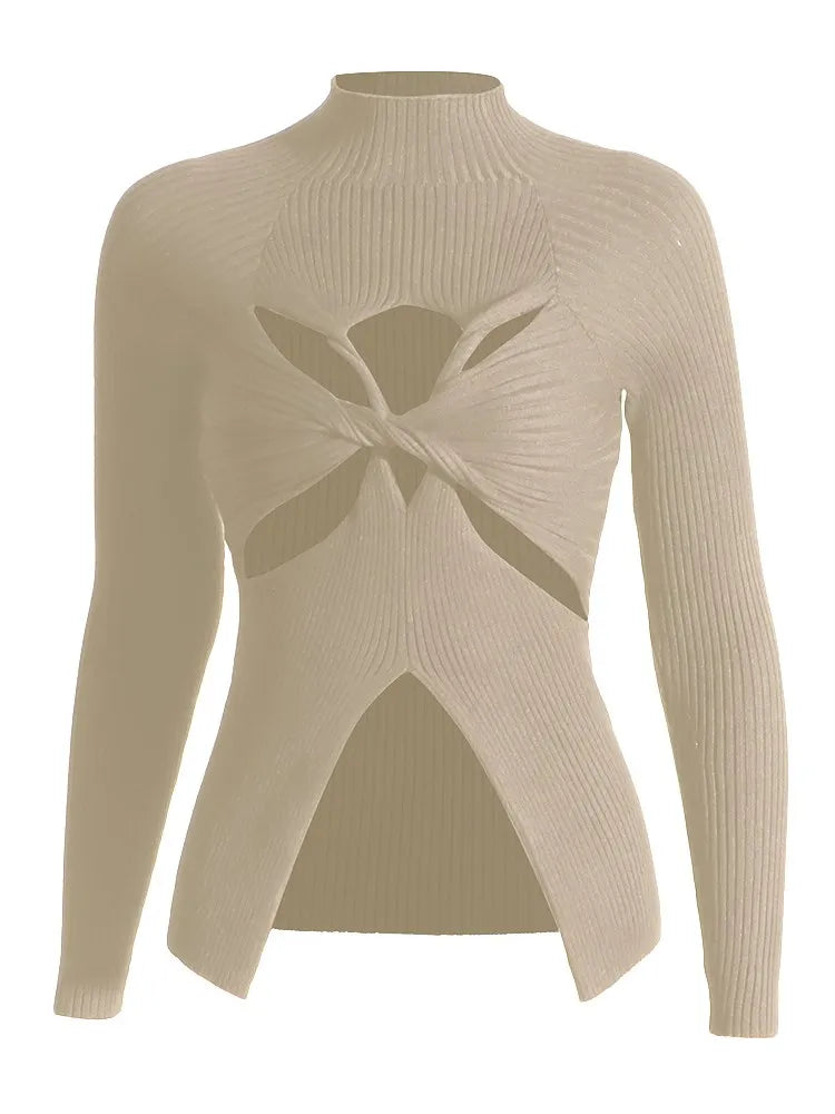 TWOTWINSTYLE Slimming Crisscross Hollow Out Knitting Sweaters For Women Round Neck Long Sleeve Solid Casual Chic Sweater Female