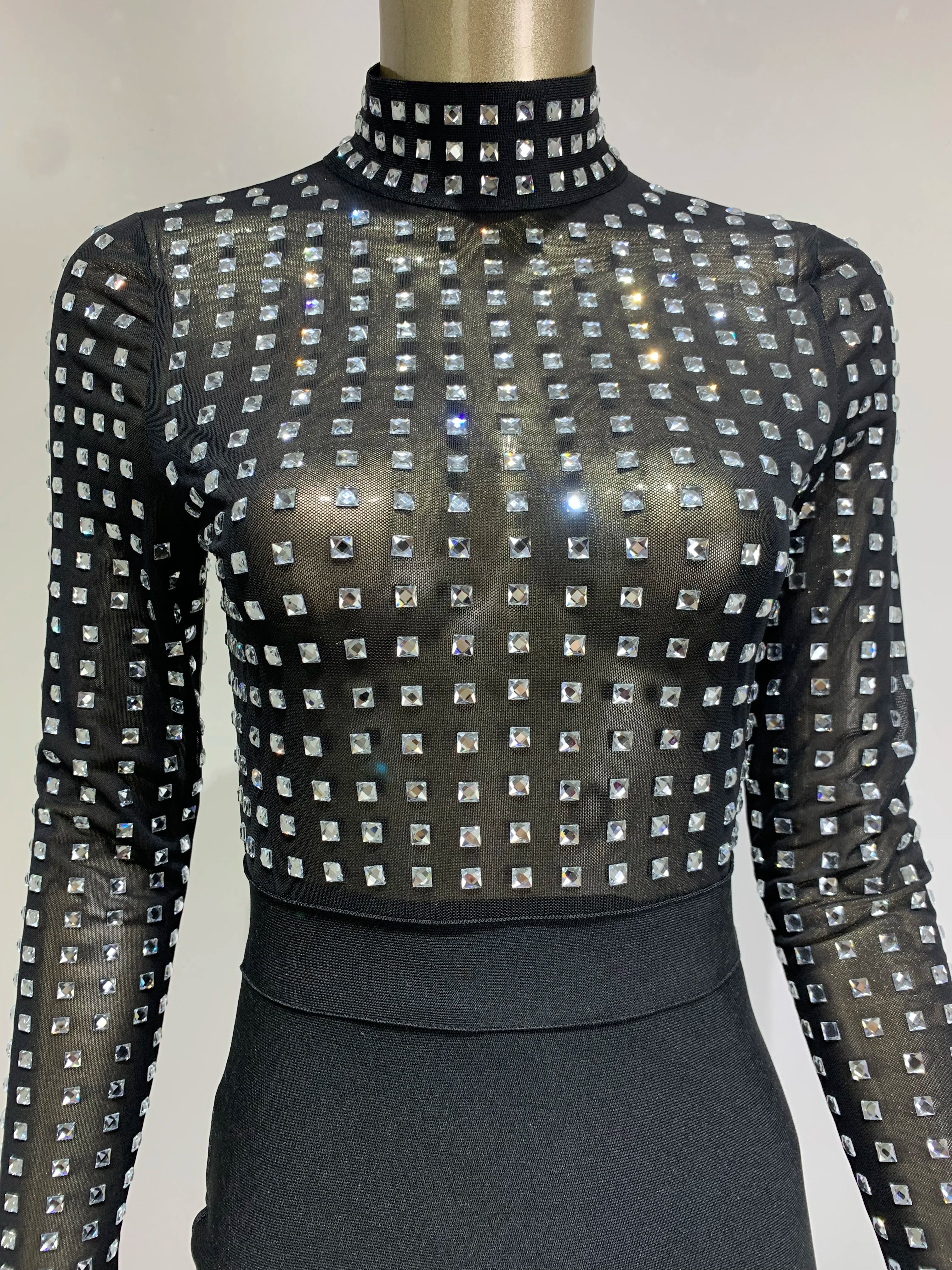 est Women Celebrity Sexy Turtleneck Rhinestone Black Midi Bodycon Bandage Dress Elegant Evening Club Party Dress