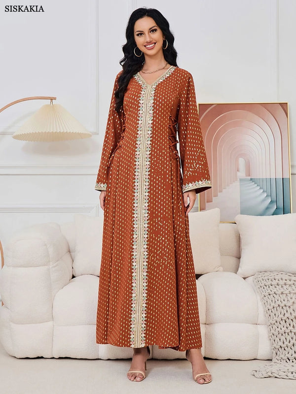 Fashion Gold Stamping Belted Abaya Dubai Islamic Clothing Tape Trim Long Sleeve V-Neck Elegant Women Dress Arab Caftan
