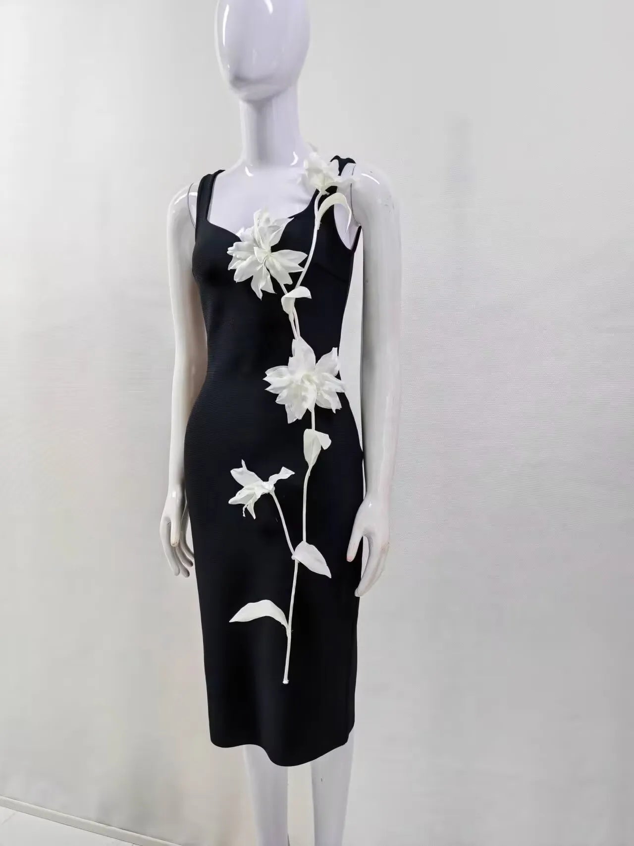 High Quality Women Sleeveless Sexy O-Neck Flowers Bodycon Mid-calf Bandage Dress Birthday Party Celebrate Cocktail Dress