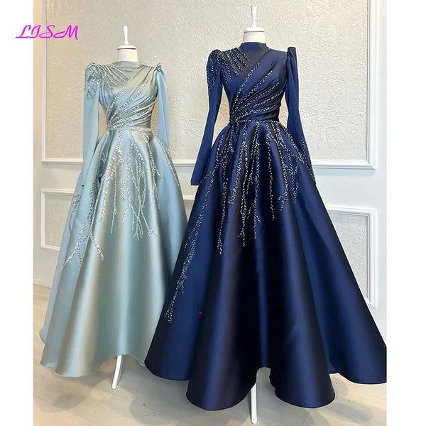 Navy Satin Beaded Long Sleeve Muslim Evening Dresses Moroccan Caftan High Neck Formal Party Ball Gowns Robe De Soiree