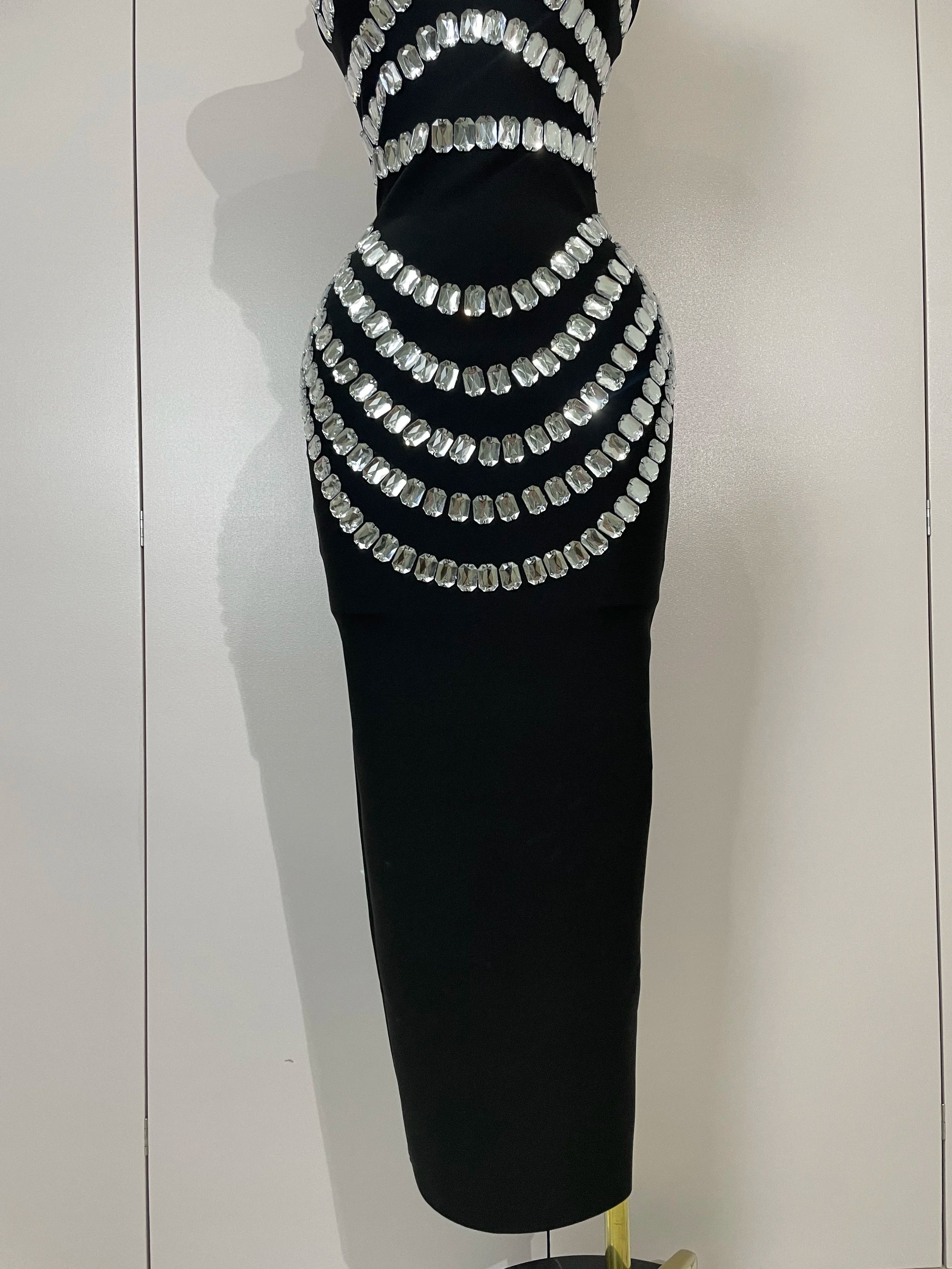 2025 Women Sexy Backless Strapless Black Beading Long Bandage Bodycon Dress  Celebrity Elegant Evening Luxury Birthday Dresses