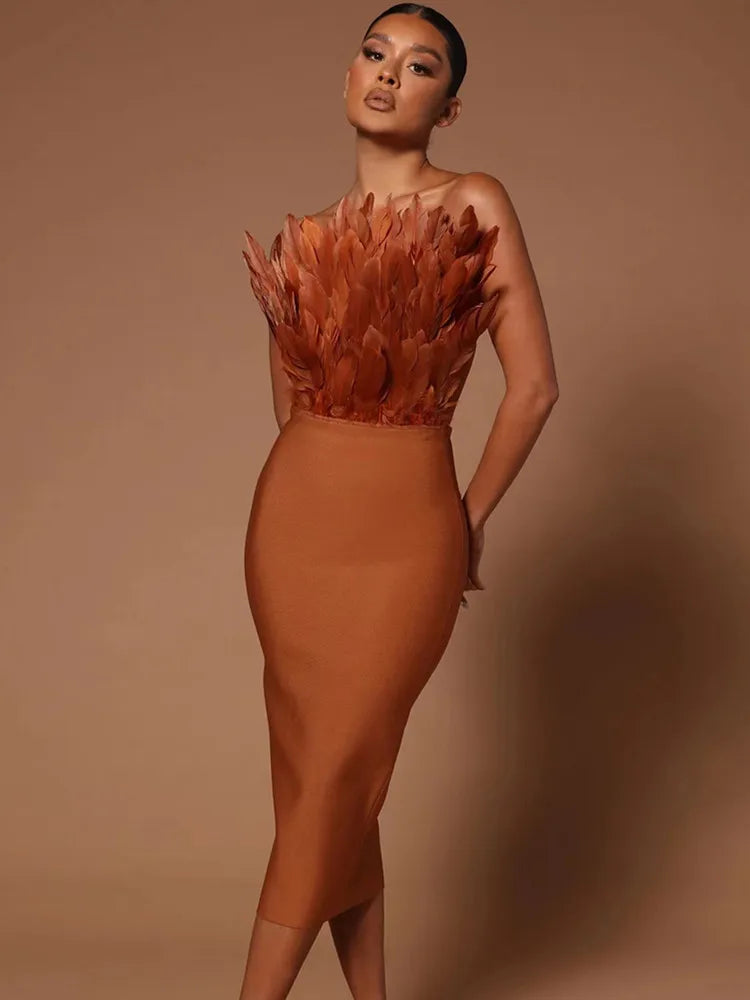 Summer Fashion Women Sexy Strapless Backless Brown Hot Pink Feather Bodycon Bandage Dress Elegant Evening Club Party Dress