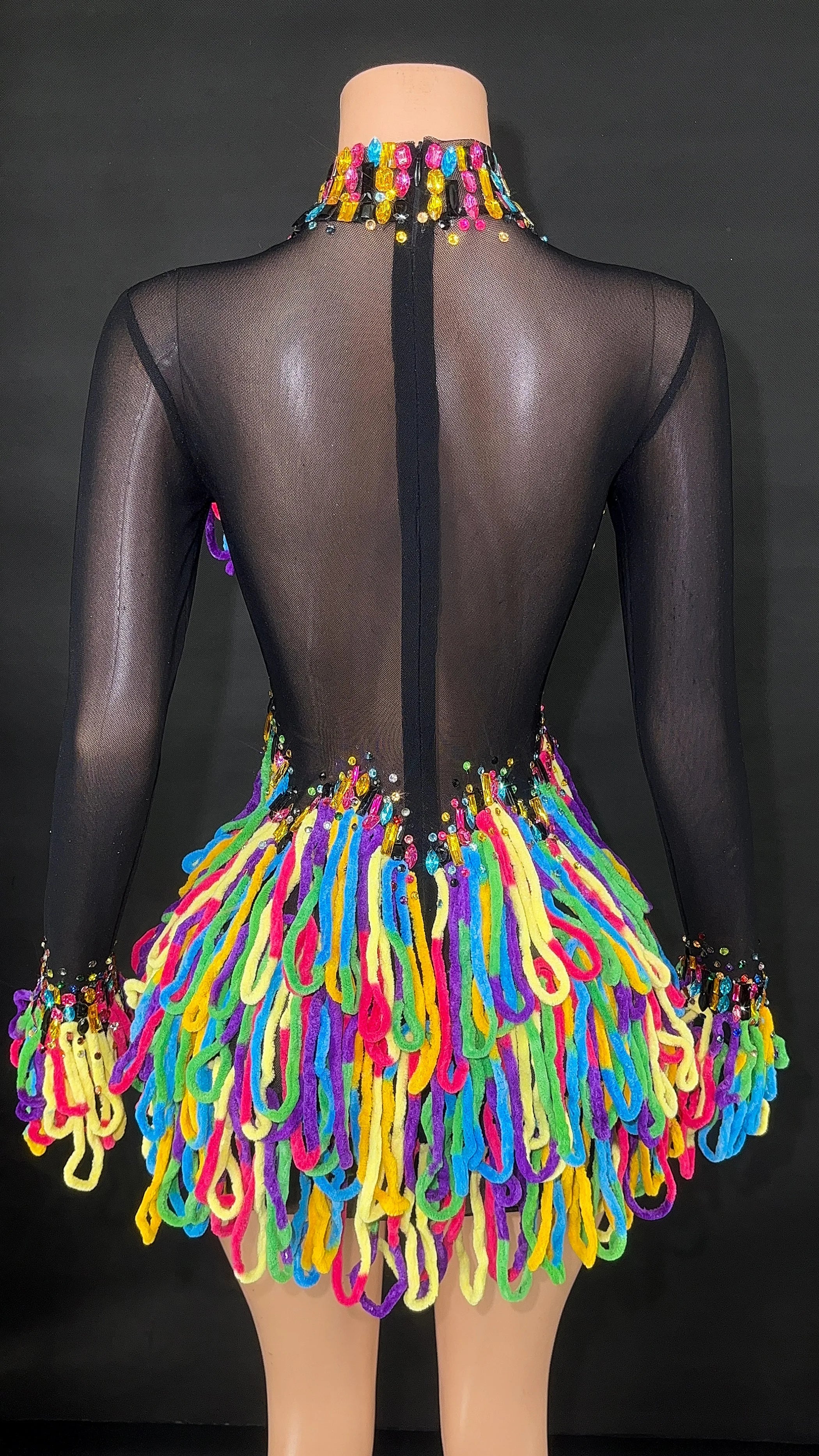 2025 Women Shiny Colorful Diamonds Sexy Stretch Transparent Mesh Short Dress Nightclub Party Singer Stage Performance Costume
