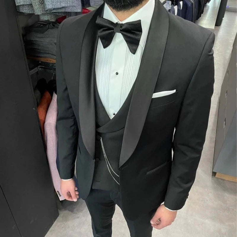 Black Groom Tuxedo for Wedding Shawl Lapel Slim Fit Men Suits 3 Pcs Smoking Fashion Prom Party Blazer (Jacket+Pants+Vest) WHITE