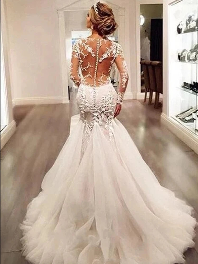 Abiti da sposa sirena in pizzo di lusso Dubai Africano Arabo VECH VEDE ATTRAVERSO APPLICI DI APPLICAZIONI BRIDA