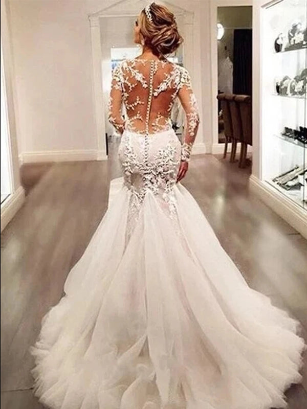 Luxury Lace Mermaid Wedding Dresses Dubai African Arabic V-neck See Through Long Sleeves Appliques Bridal Gown Vestido De Novia