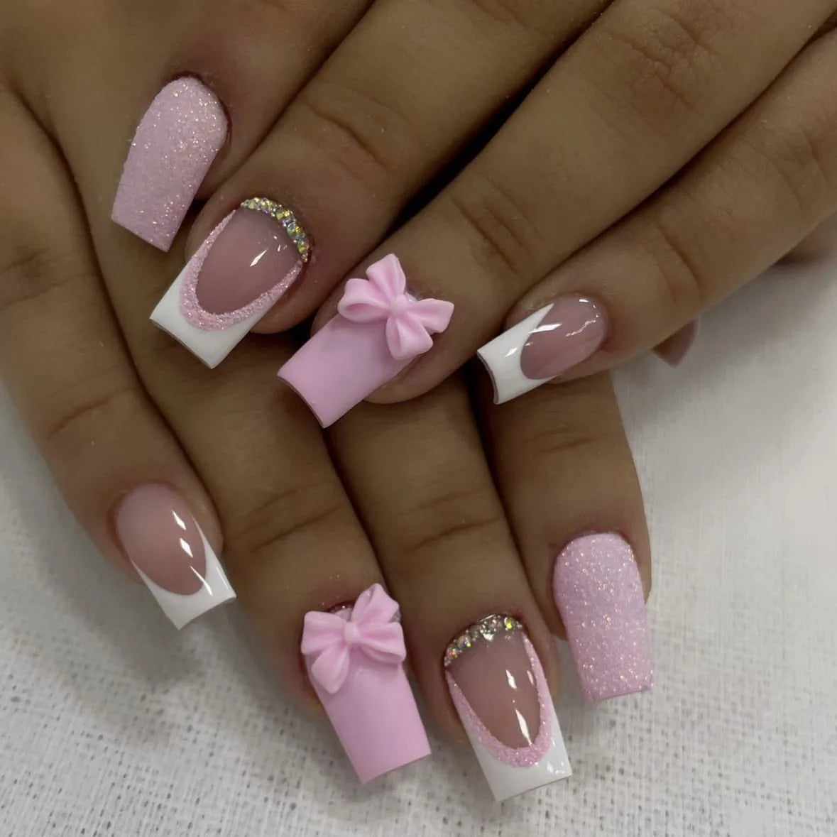 Black French Tips Press on Nails 3D White Bowknot Alloy Stars Designs Fake Nails Ballet Charms False Nails Korean Manicure 24Pcs