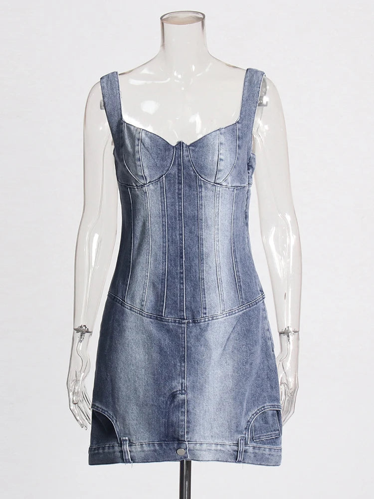 TWOTWINSTYLE Slimming Chic Denim Dresses For Women Square Collar Sleeveless High Waist Backless Mini Dress Female Fashion New