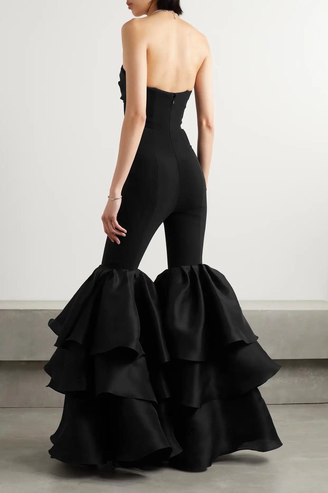 Black Color High Street Women Sexy Strapless Ruffles Wide Leg Jumpsuit Bandage Fashion Evening Party Cocktail Jumpsuit