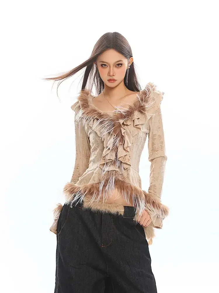 TWOTWINSTYLE Solid Fashion Spliced Fur Sweater for Women V Neck Long Sleeve Patchwork Ruffles Fold Pullovers Female Clothing New