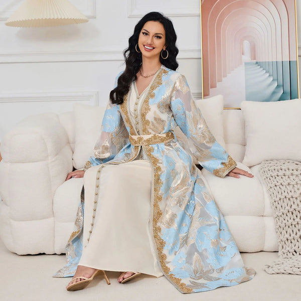 Moroccan Caftan 2 Pieces Set Muslim Dubai Abaya Kaftan For Wedding Women's 2023 New Flower Pattern Museum Long Dress Clothing