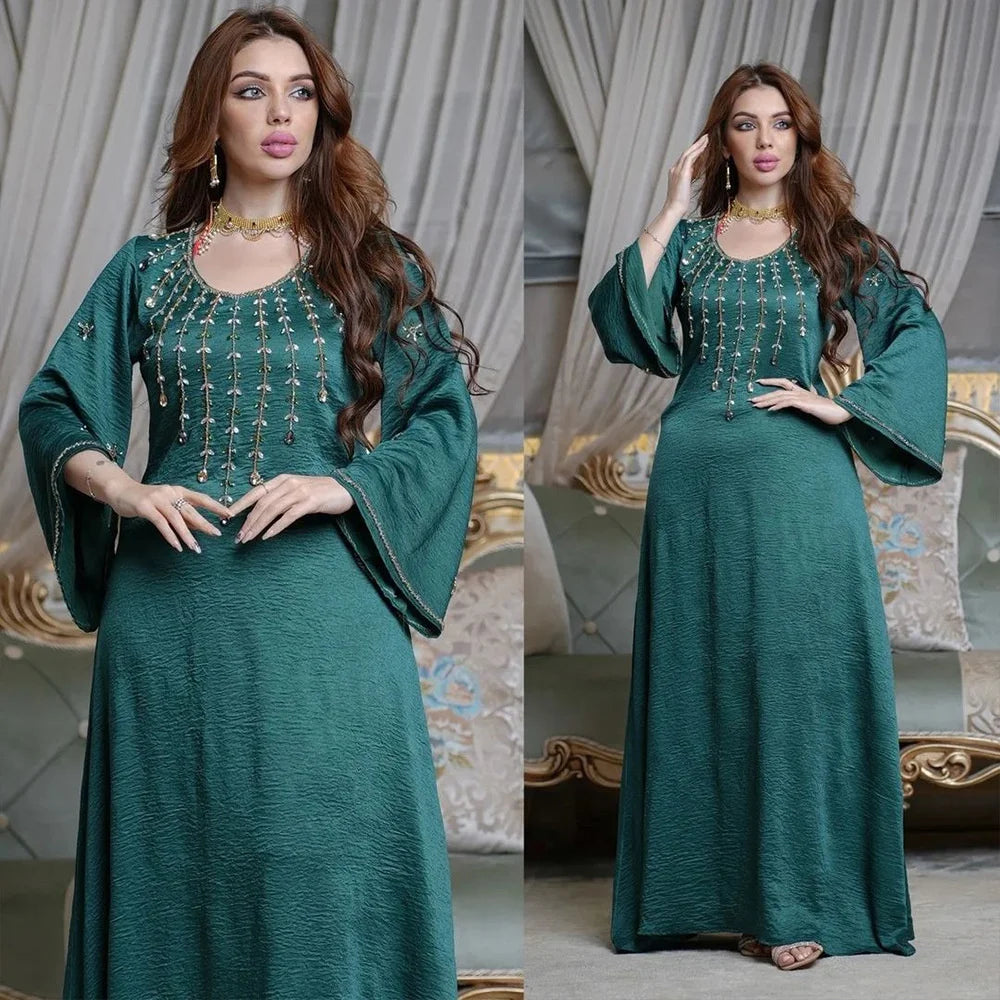 Robe en mousseline de soie, dubaï, turquie, manches évasées, avec diamants, col en v, ample, longue, élégante, pour Ramadan, moyen-orient, nouvelle collection