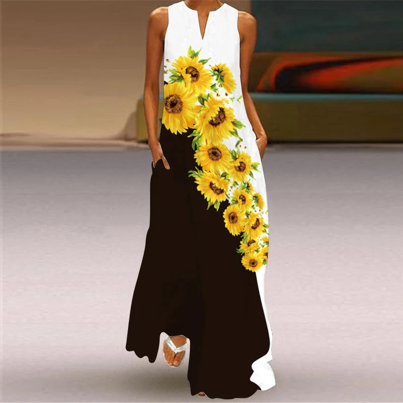 Fashionable Women's Hollow V-neck Maxi Dress Fresh Flower Print Sleeveless Loose Straight Beach Seaside Vacation Long Dress