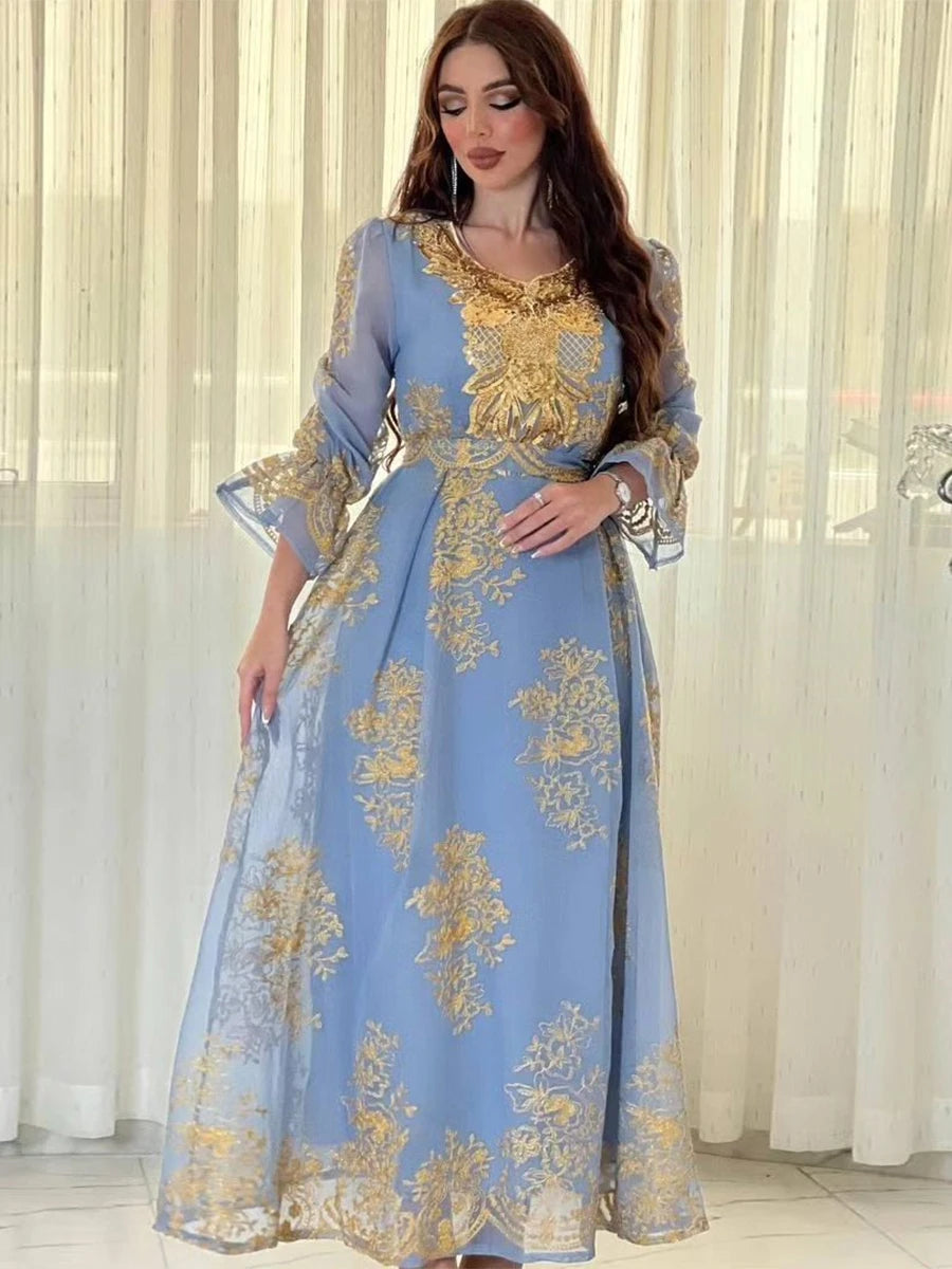 Muslim Evening Dress for Women Arab Dubai Moroccan Kaftan Chic Mesh Sequins Applique Embroidery Party Abaya Eid al-Adha Sky Blue Dress