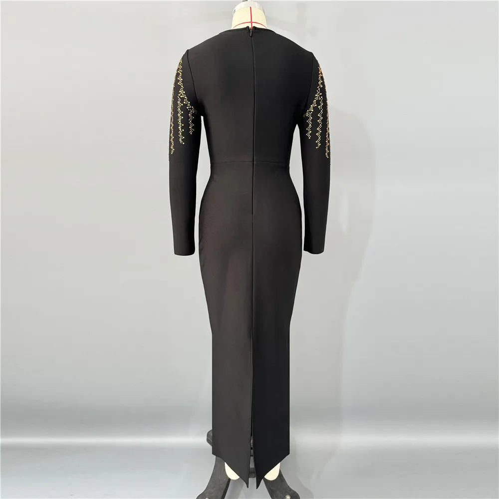 High Quality Women Long Sleeve Shinning Gloden Rhinestones Bodycon Long Bandage Dress Nightclub Party Celebrate Outfit