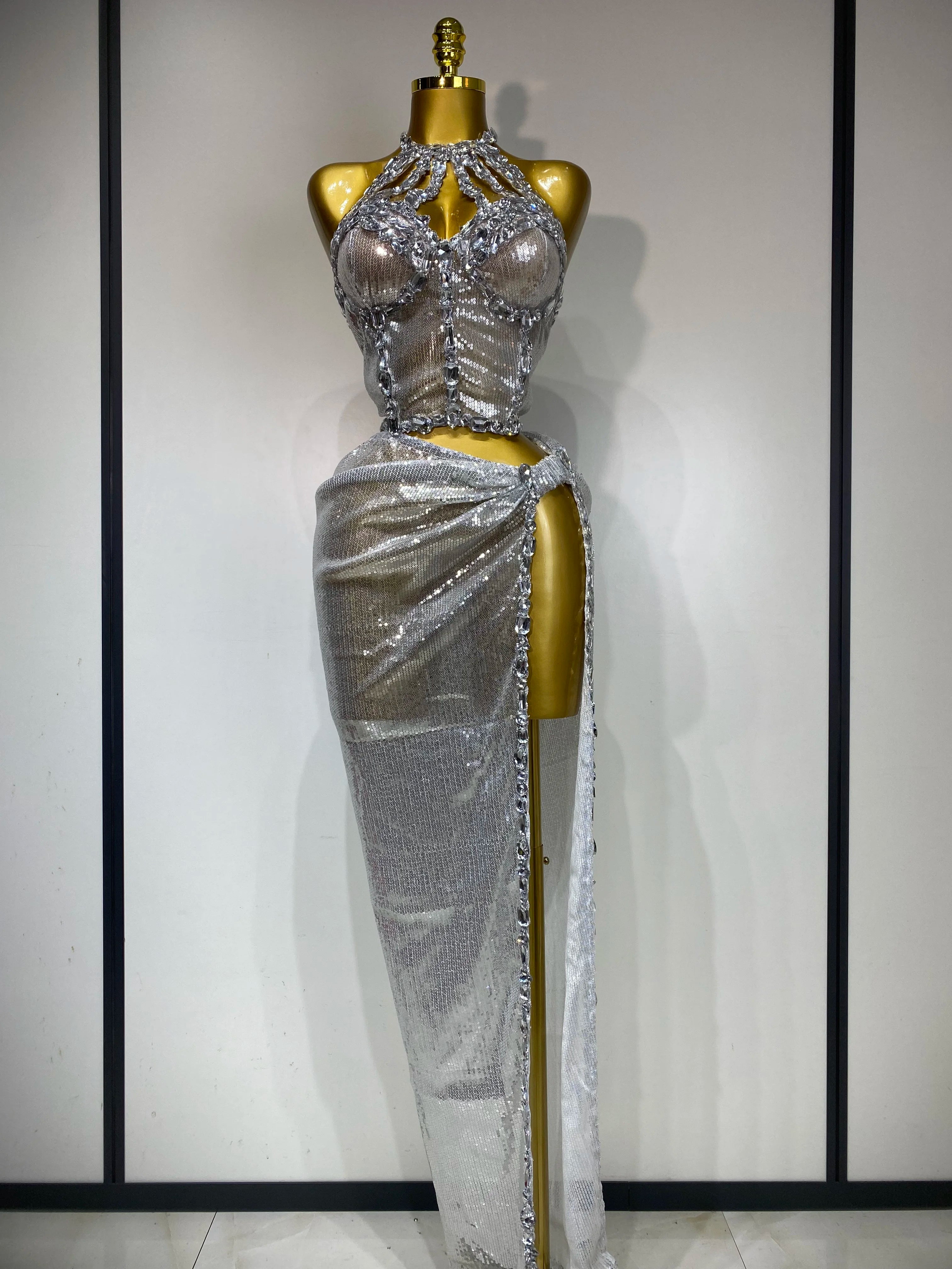 Women Sparkly Gold Rhinestones Top Long Skirt Two Pieces Set Singer Dancer Performance Costume Nightclub Luxury Birthday Dress