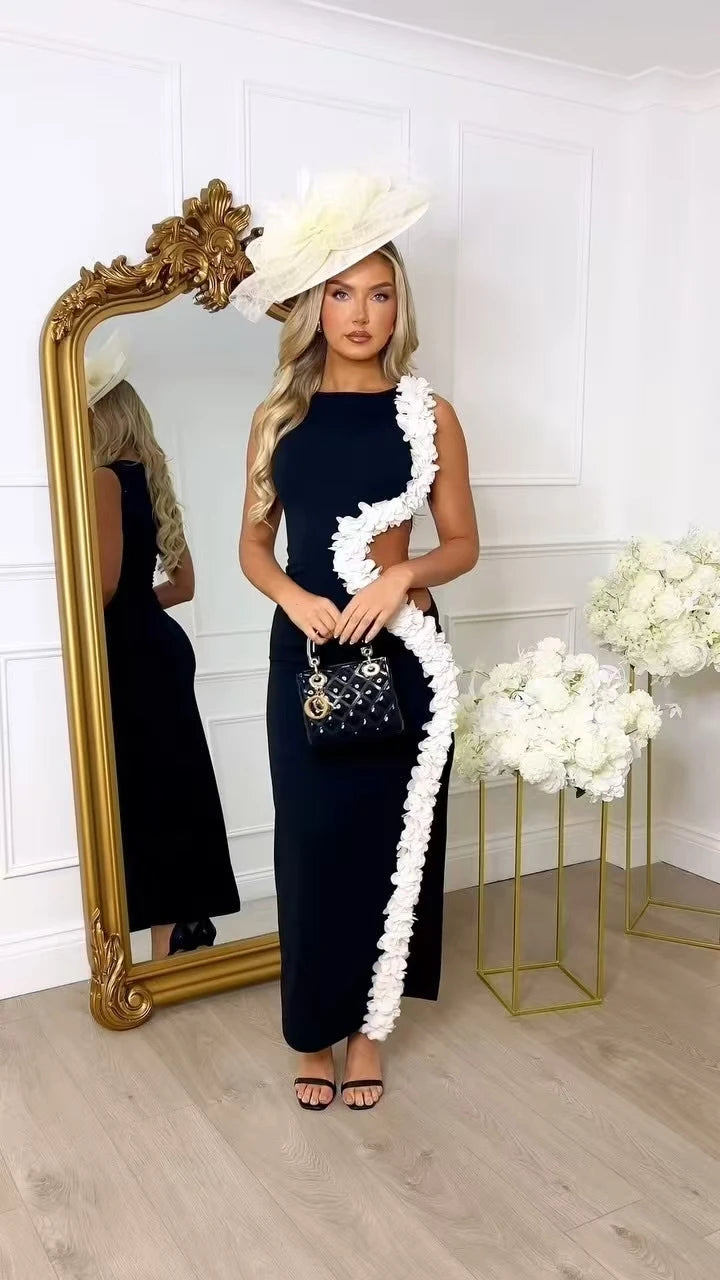 2025 New Women Sleeveless Sexy Side Hollow Out Florals Bodycon Long Bandage Dress Celebrate Fashion Evening Party Cocktail Wear
