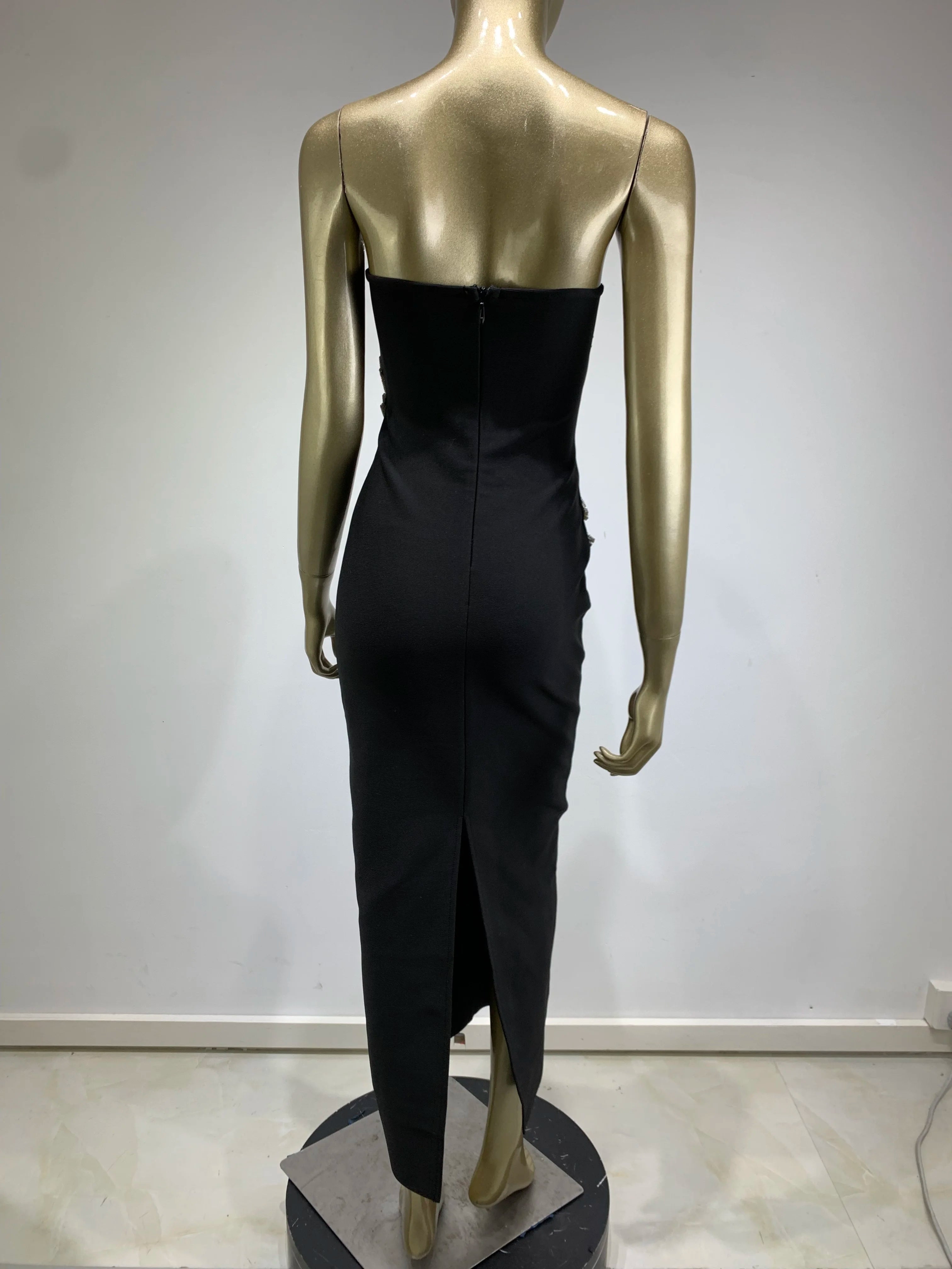 Women Celebrity Sexy Strapless Backless Diamonds Black Maxi Long Bodycon Bandage Dress Elegant Evening Club Party Dress