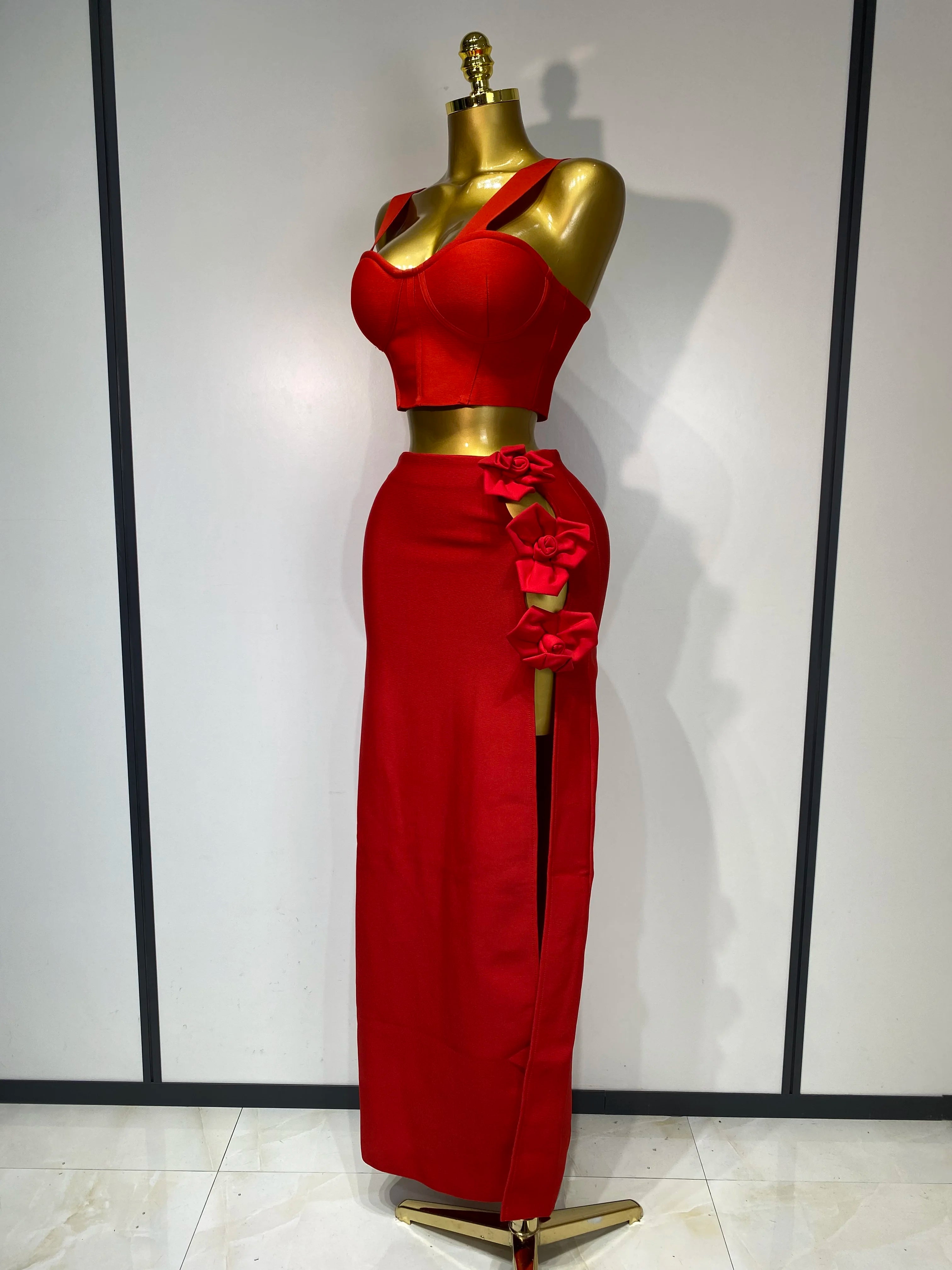 Women Red Top Flower Skirt Two Piece Set Evening Party Nightclub Elegant Host Tight Sexy Club Bodycon Bandage Long Skirt