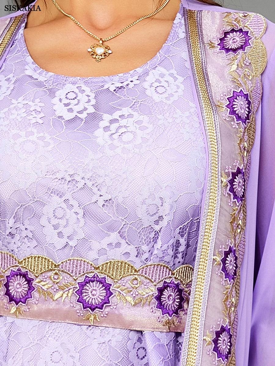 Moroccan 2 Piece Abaya Set Jilbabs For Woman Chic Purple Chiffon Lace Tape Belted Arabic Gown Ramadan Musulmane Caftan
