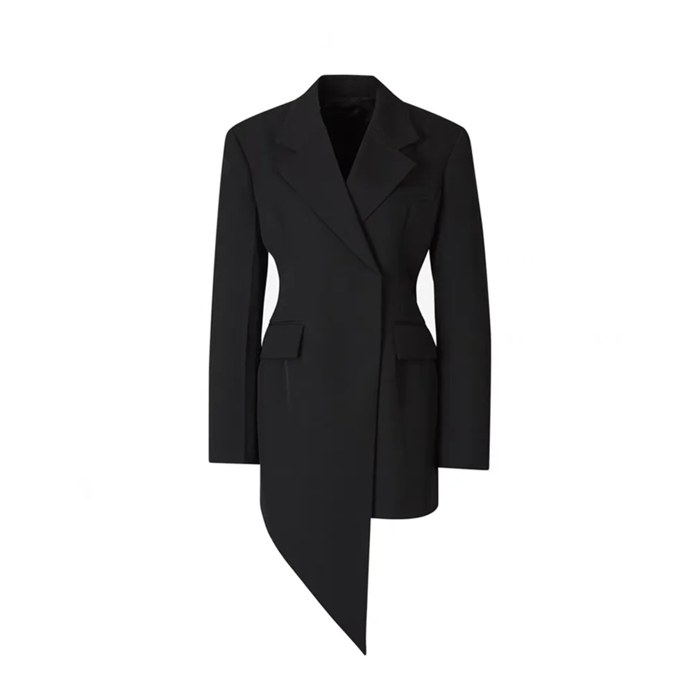 TWOTWINSTYLE Solid Minimalist Blazer For Women Notched Collar Long Sleeve Patchwork Pockets Irregular Coat Female Fashion Style