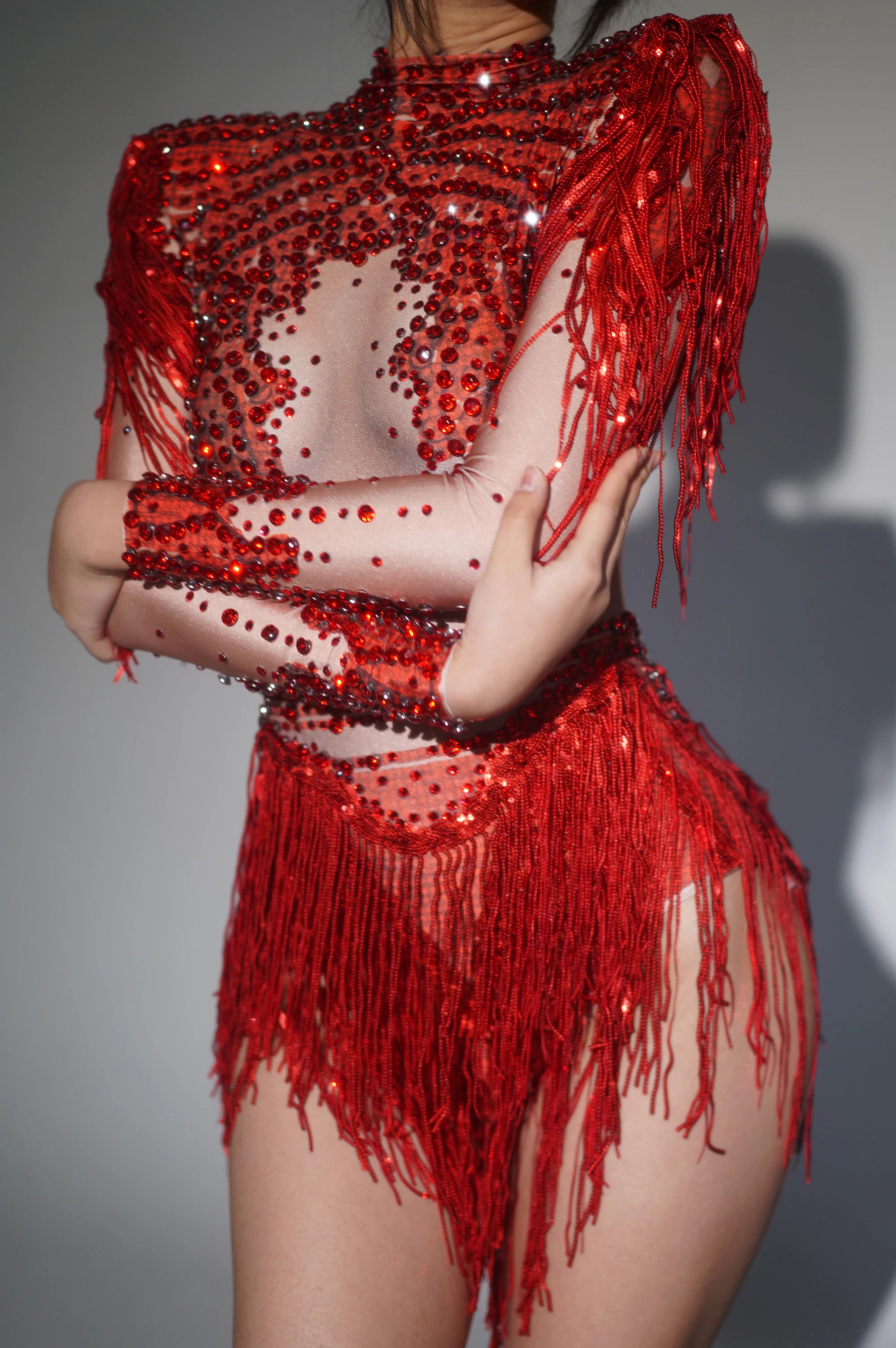 2025 New Arrival Sparkly Rhinestone Sequin Tassel Stretch Bodysuits Women Birthday Party Nightclub Dj Stage Performance Costume