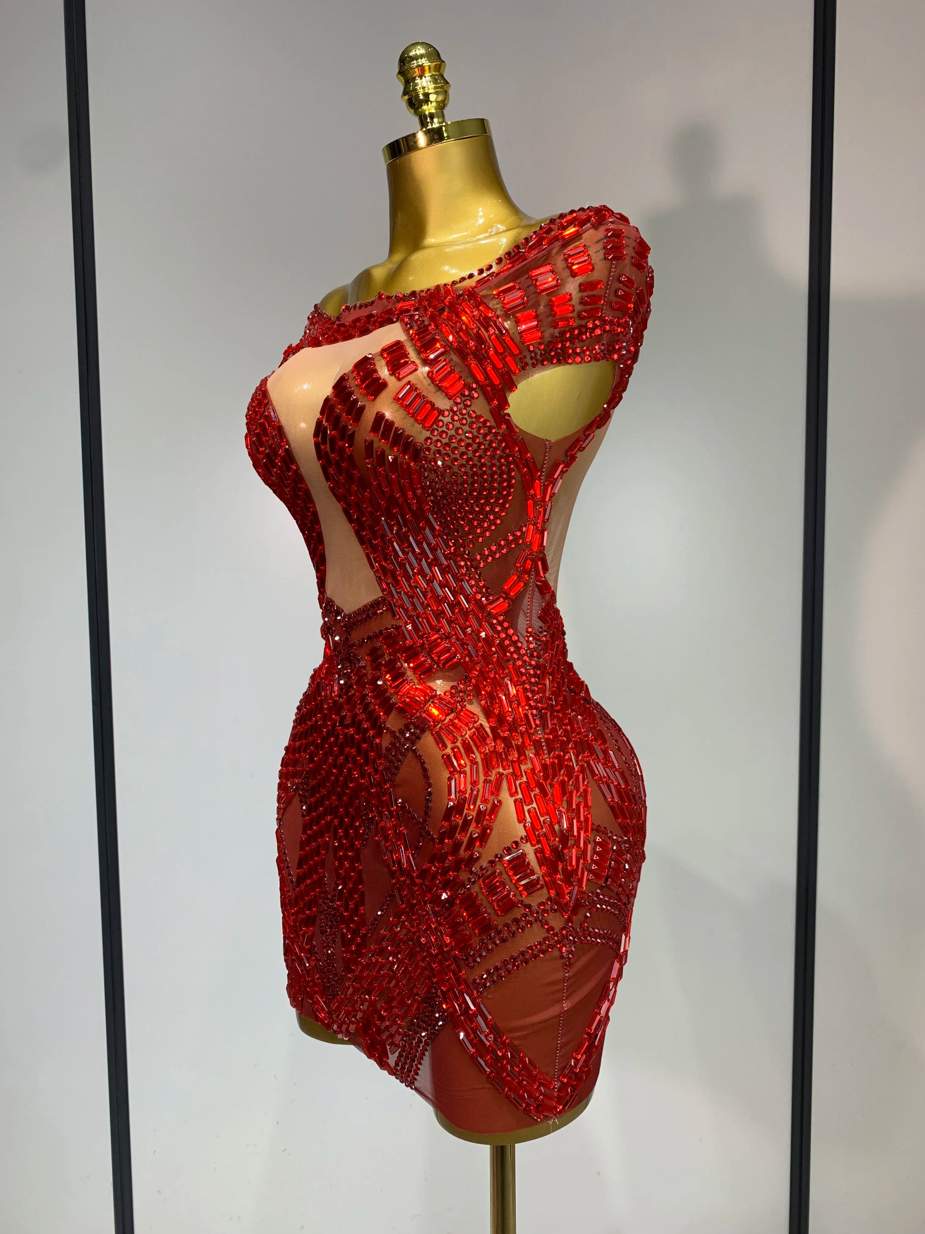 Luxury Rhinestones Sexy Mesh See Through Mini Dress Women Celebrate  Birthday Evening Party Dress Stage Performance  Costume