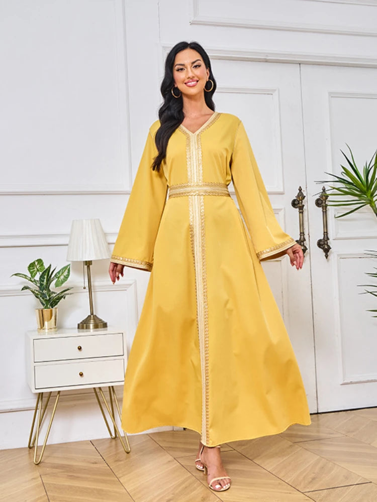 Dubai Abaya Solid Tape Trim Full Sleeve V-Neck Belted Clothing Elegant Casual Muslim Long Modest Dresses Women