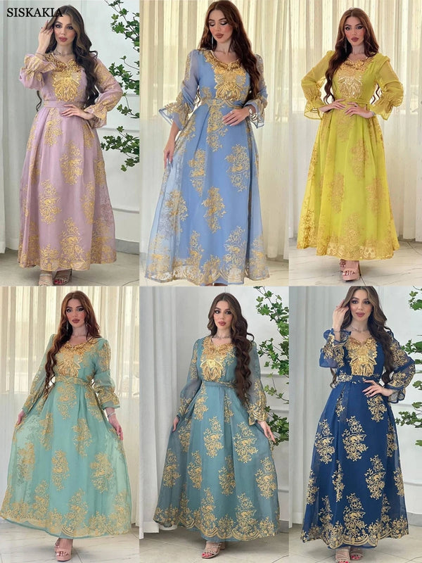 Muslim Evening Dress for Women Arab Dubai Moroccan Kaftan Chic Mesh Sequins Applique Embroidery Party Abaya Eid al-Adha