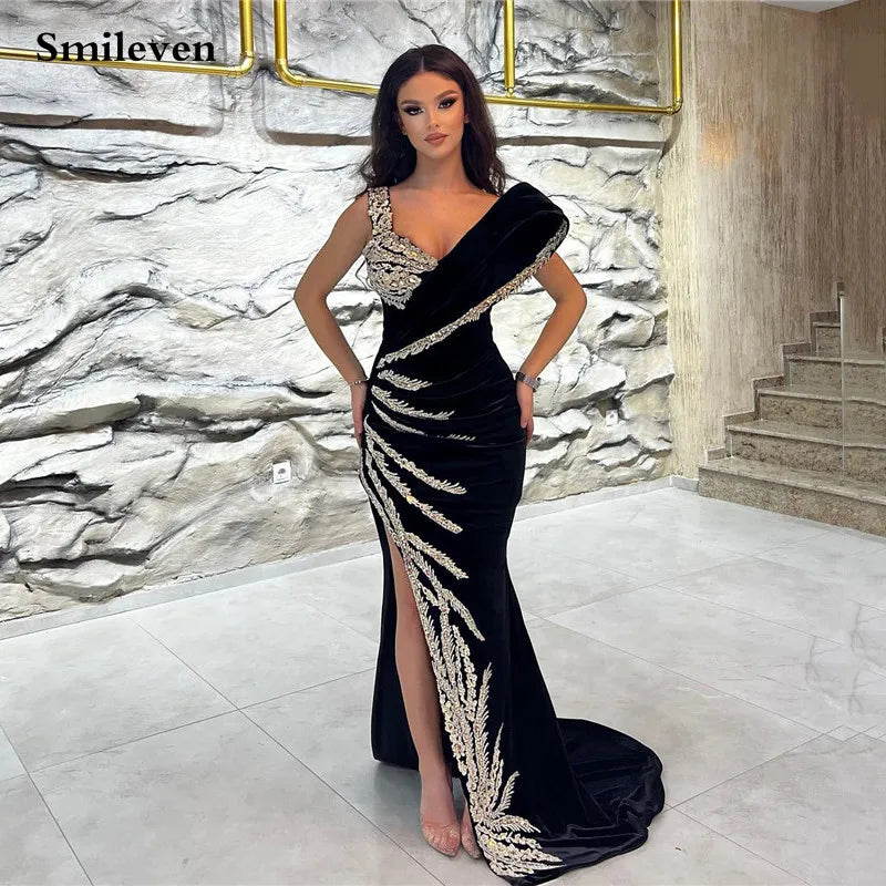 Black Algeria Caftan Evening Dress Beading Lace Off The Shoulder Elegant Mermaid Velvet Arabic Prom Gowns Party Dress
