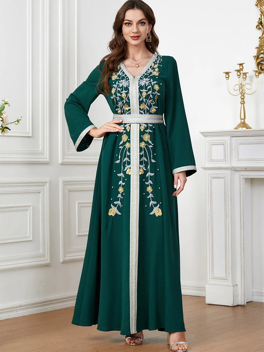 Fashion Ethnic Abayas For Muslim Female Solid Embroidery Beading Full Sleeve V-Neck Tunic Robe Morocco Dubai Clothing