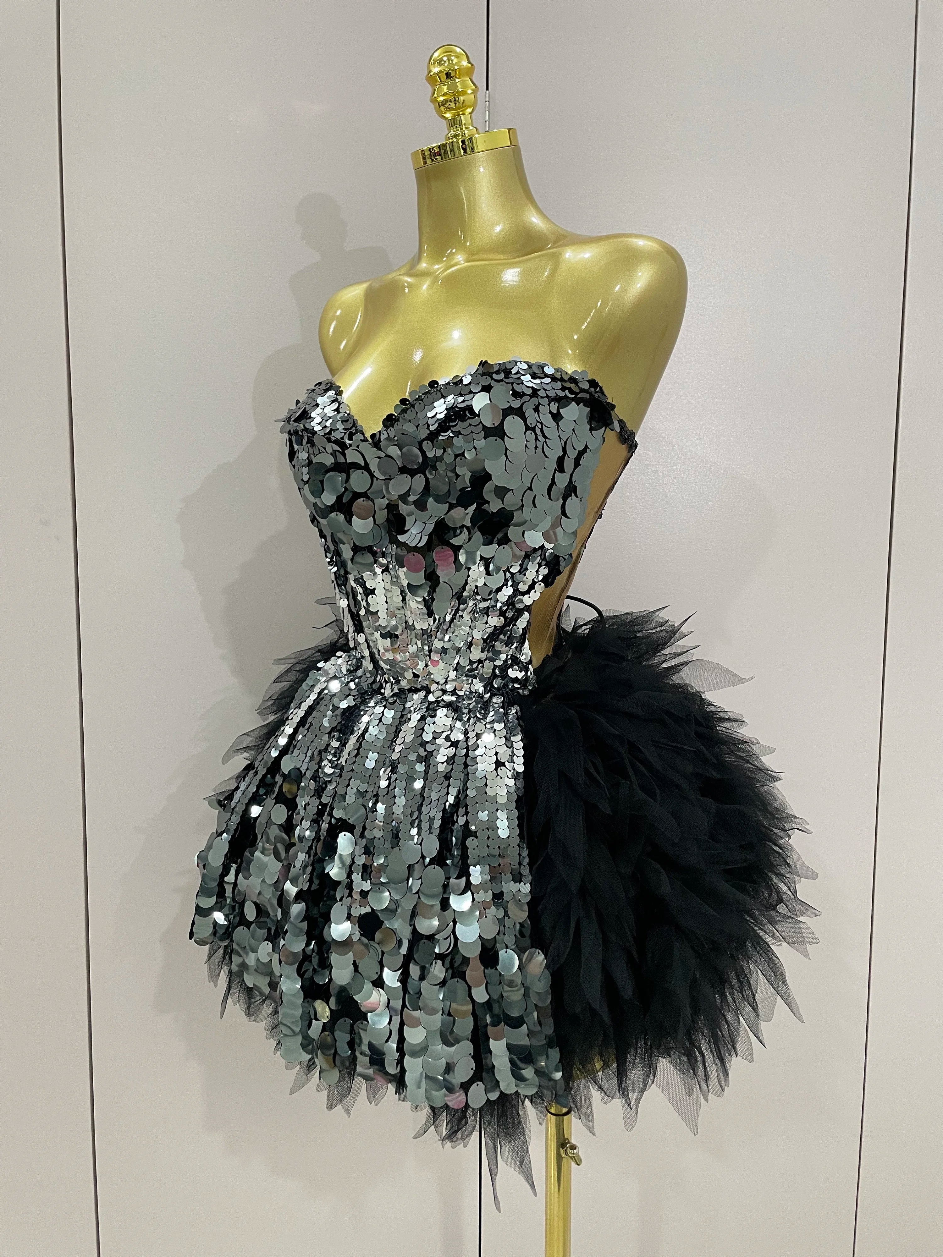 Sparkly Black Sequins Two Pieces Set 2025 Women Party Evening Prom Celebrate Birthday Dress Nightclub Photo Shoot Stage Costume