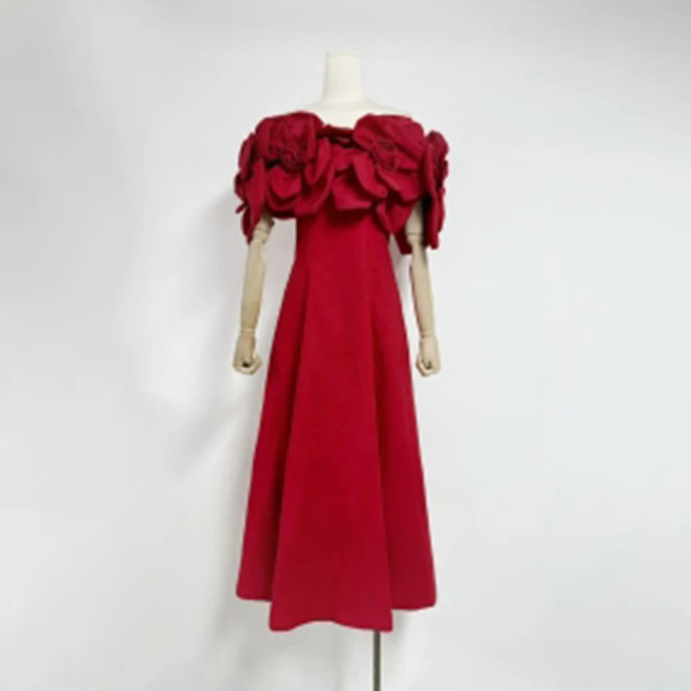 TWOTWINSTYLE Solid Slimming Elegant Dresses for Women Strapless Off Shoulder Patchwork 3D Flowers Fashion Dress Female Clothing