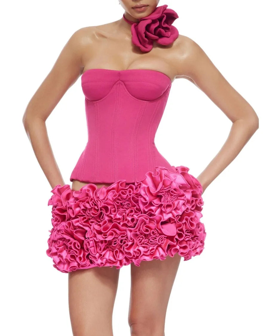 Pink Color Women Sexy Strapless Florals Bodycon Mini Dress Nigthclub Party Celebrate Birthday Fashion Outfit Vestido