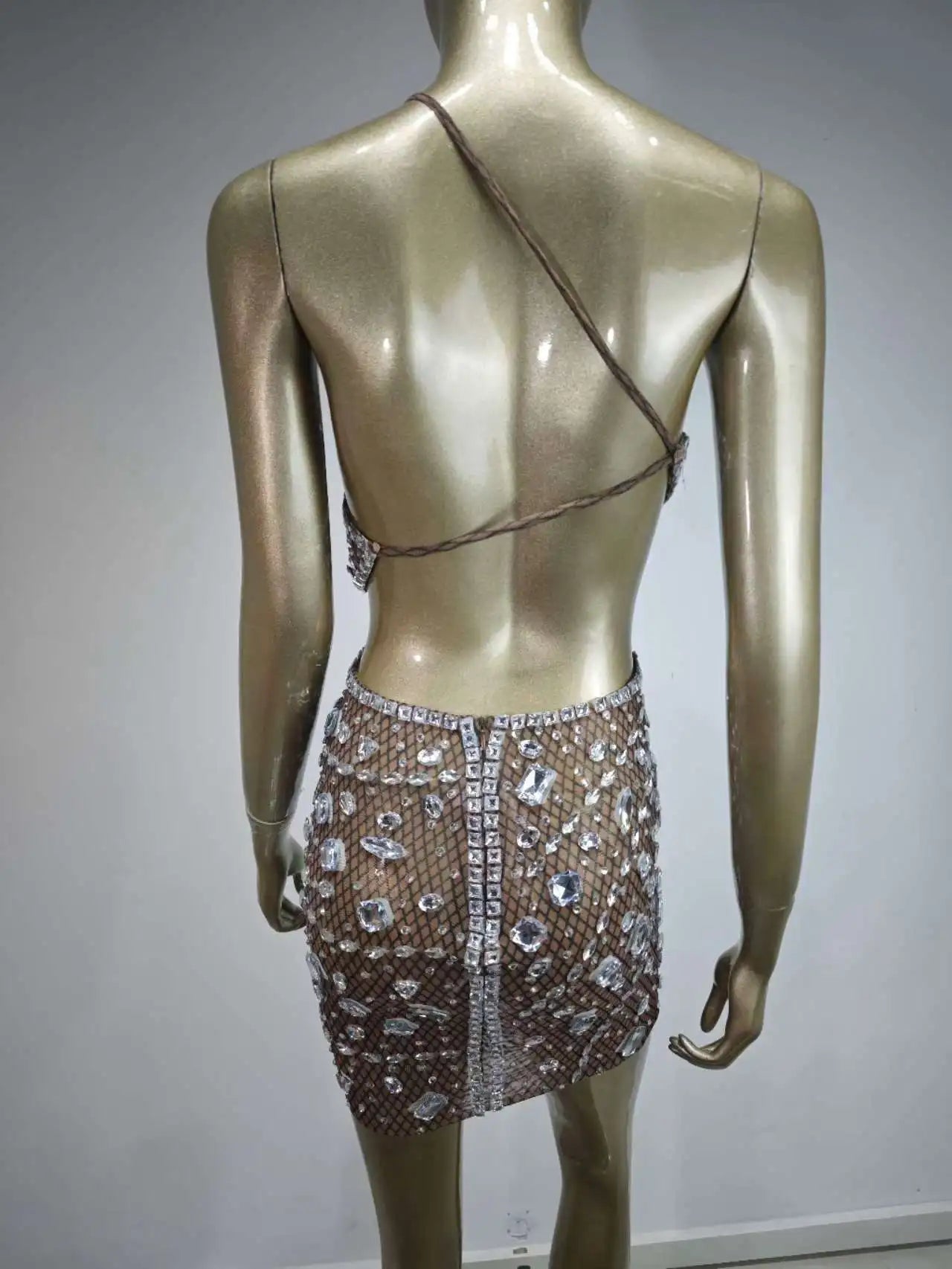 Stock Women Luxury Sexy Mesh Sequins Crystal Diamonds Mini Dress Birthday Party Costume Bar Nightclub Stage Performance Dress