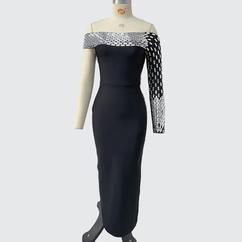 High Quality Women Sexy One Shoulder Shinning Crystal Bodycon Long Bandage Dress Elegant Evening Party Celebrity Red Carpet Wear