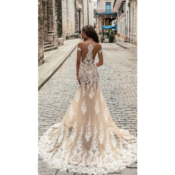 Luxury Mermaid Lace Wedding Dresses White Open Back Deep V-neck Off The Shoulder Bridal Gowns Sweep Train Vestido De Novia