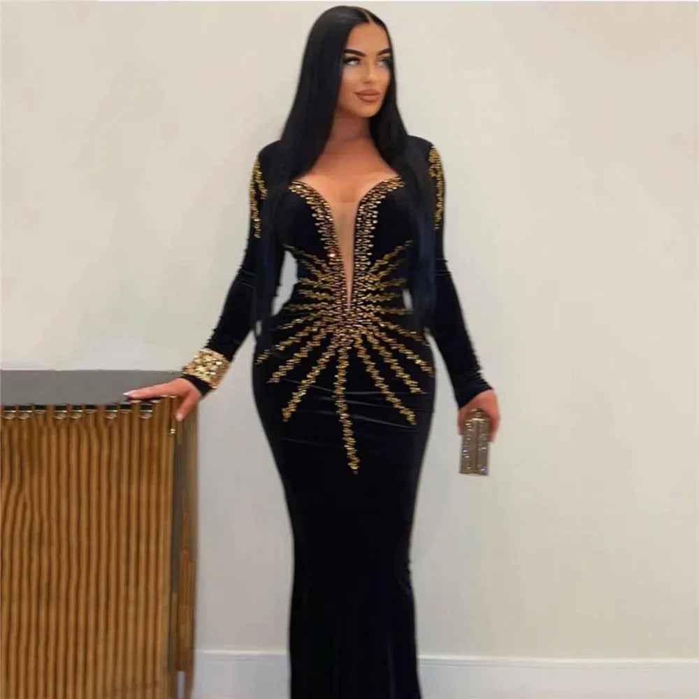 Top Quality Women Long Sleeve Sexy Shinning Golden Rhinestones Bodycon Long Bandage Dress Celebrate Nightclub Party Outfit
