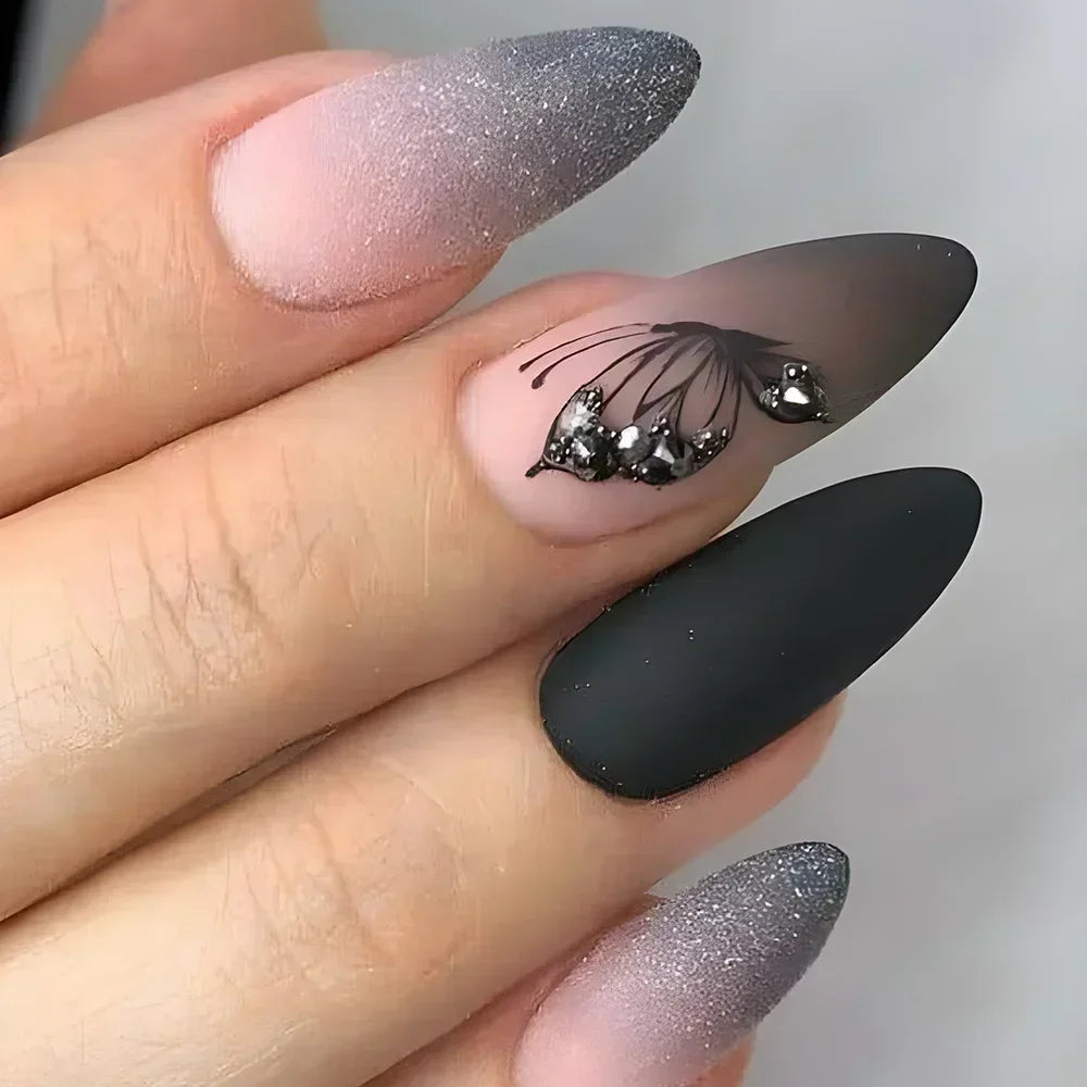 24Pcs Autumn Winter Matte Almond False Nails with Glue Rose Leaf Printing Nail Art Simple Full Cover Press on Acrylic Nails Tips