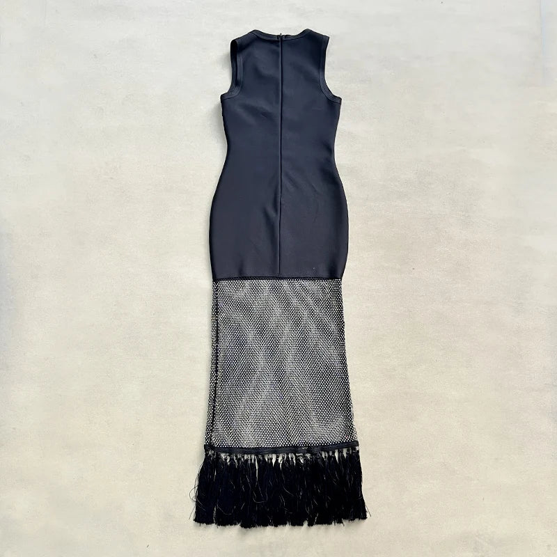 Top Quality Women Sleeveless Sexy O-Neck Shinning Rhinestones Bodycon Long Bandage Dress Nightclub Party Celebrate Evening Wear